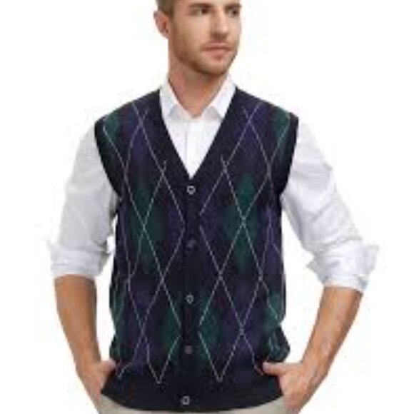 Paul James Button Down Men's M Argyle Cardigan Sweater Vest - Navy and Green - Picture 1 of 9
